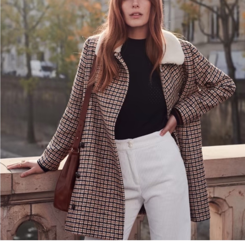 SEZANE BILLY COAT  Ecru Ocher Tiles LINED WOOL BLEND JACKET SIZE 36 NWT